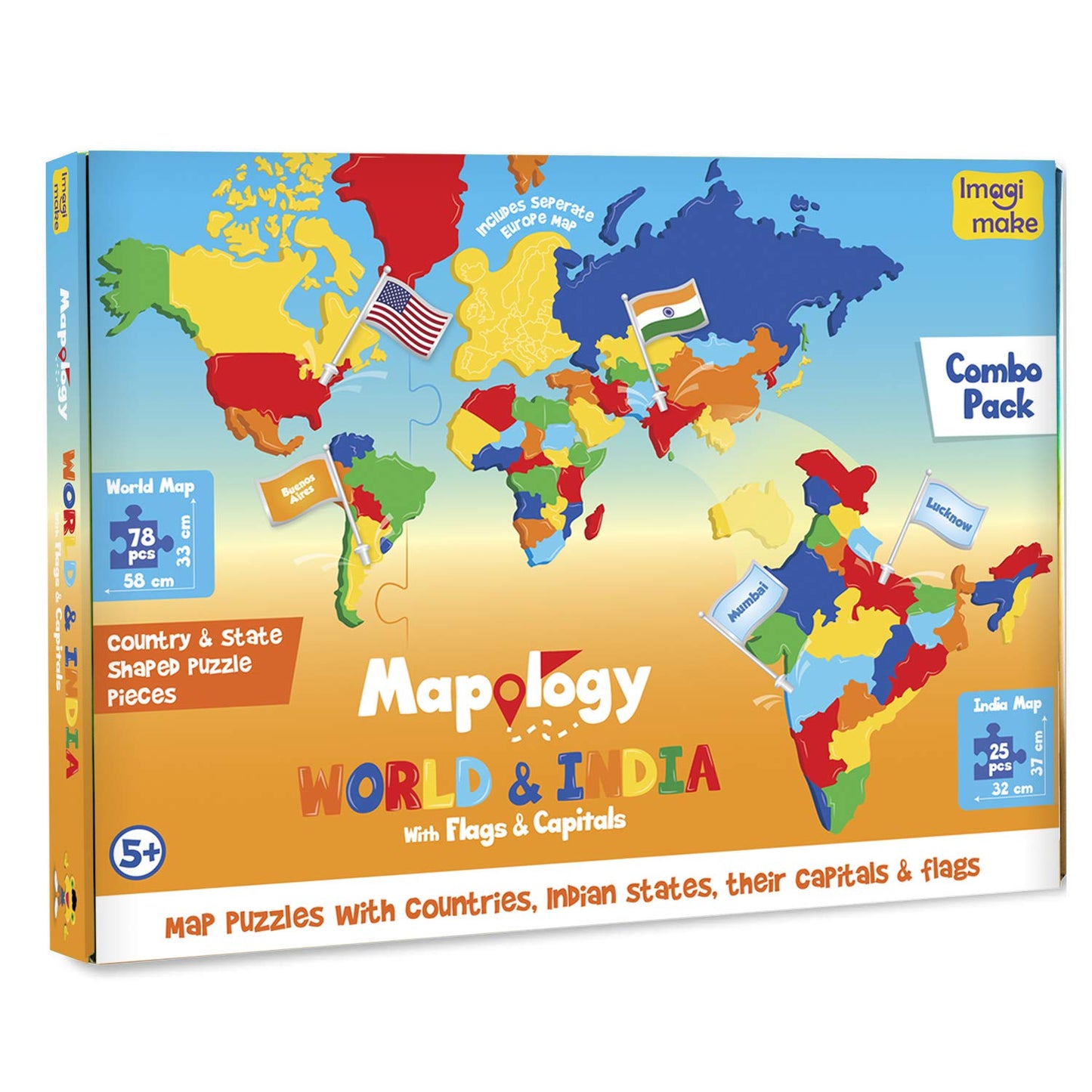 Imagimake: Mapology India and World Maps with Capitals - Learn Capitals and Country Flags - Educational Toy for Kids