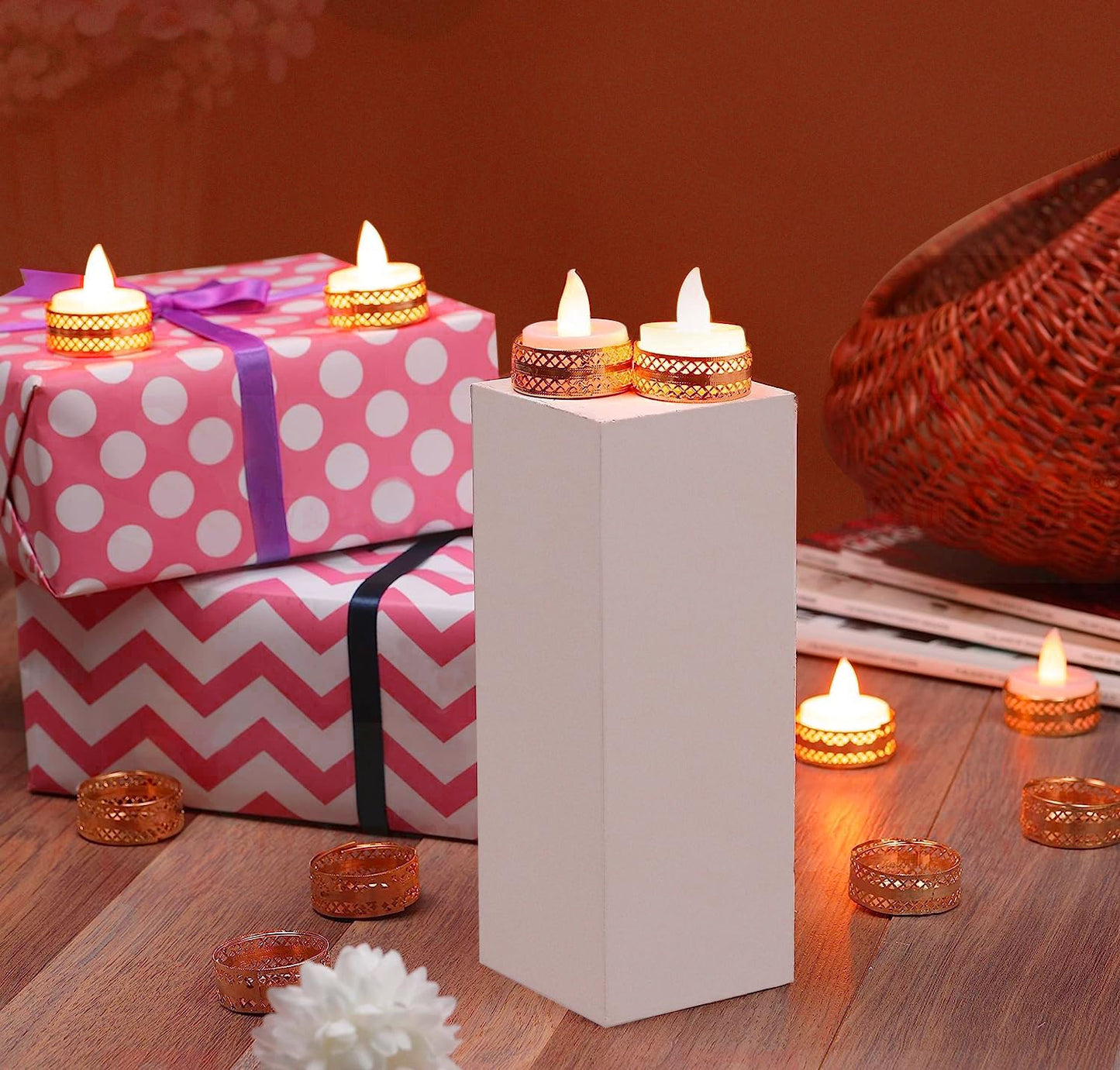 Rose Gold 12 Pcs Metal Tealight Candle Holder Round Stands for Pooja thali, Diwali Rangoli puja Room Decor, Events, Home, Living, Office Table, Diwali Decoration Indoor Outdoor Events