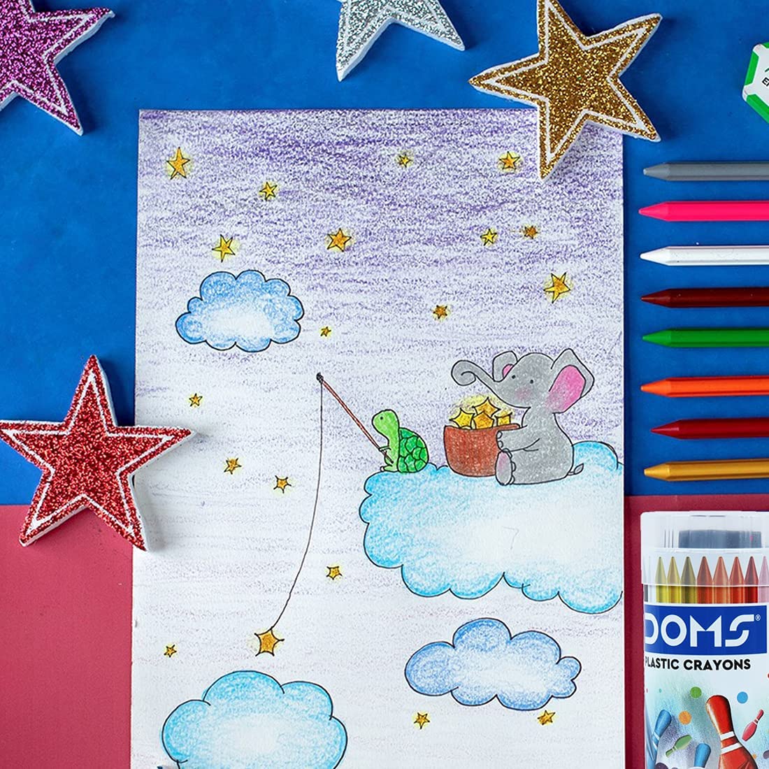 Doms 28 Shades Erasable Plastic Crayons Round Tin Box | Smooth & Even Shading | Bright & Playful Colors | Free Sharpner Inside | Non-Toxic & Safe For Childrens