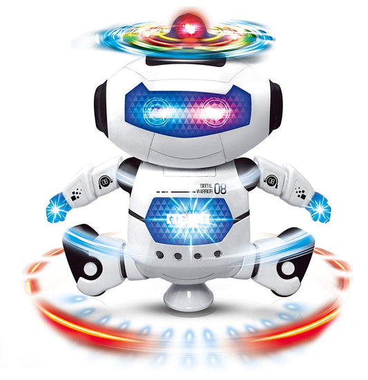 Stylish 360° Rotating Dancing Robot's with Multicolor 3D Lights and Music, Non Toxic Plastic - (White)