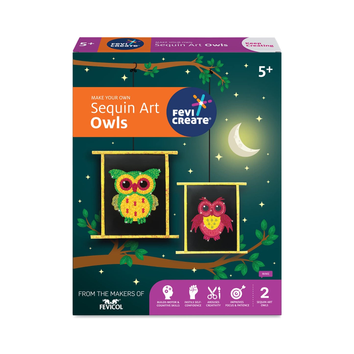 Pidilite Fevicreate DIY Sequin Art Owls Art & Craft kit Includes Printed Owl templates, Multi-Colored Sequins, Fevicol MR, Magnet Strip & More | Best Gift for Boys & Girls Age 5 Years+