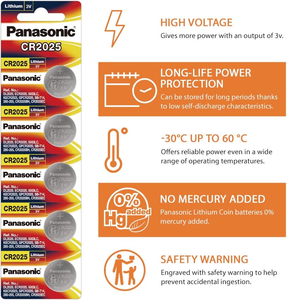 Panasonic CR-2025 Lithium Coin Battery 3v - Pack of 5 Provide Long Lasting Power in a Variety of Devices,from keyless-Entry fobs to Toys