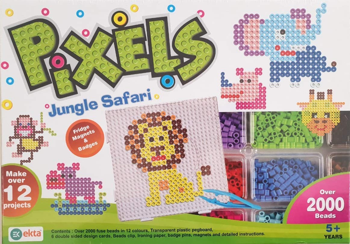 Ekta Plastic Beads Pixels Jungle Safari Fridge Magnets Badges Making Kit for Children Creativity, Multicolour Above The Age of 5 Years