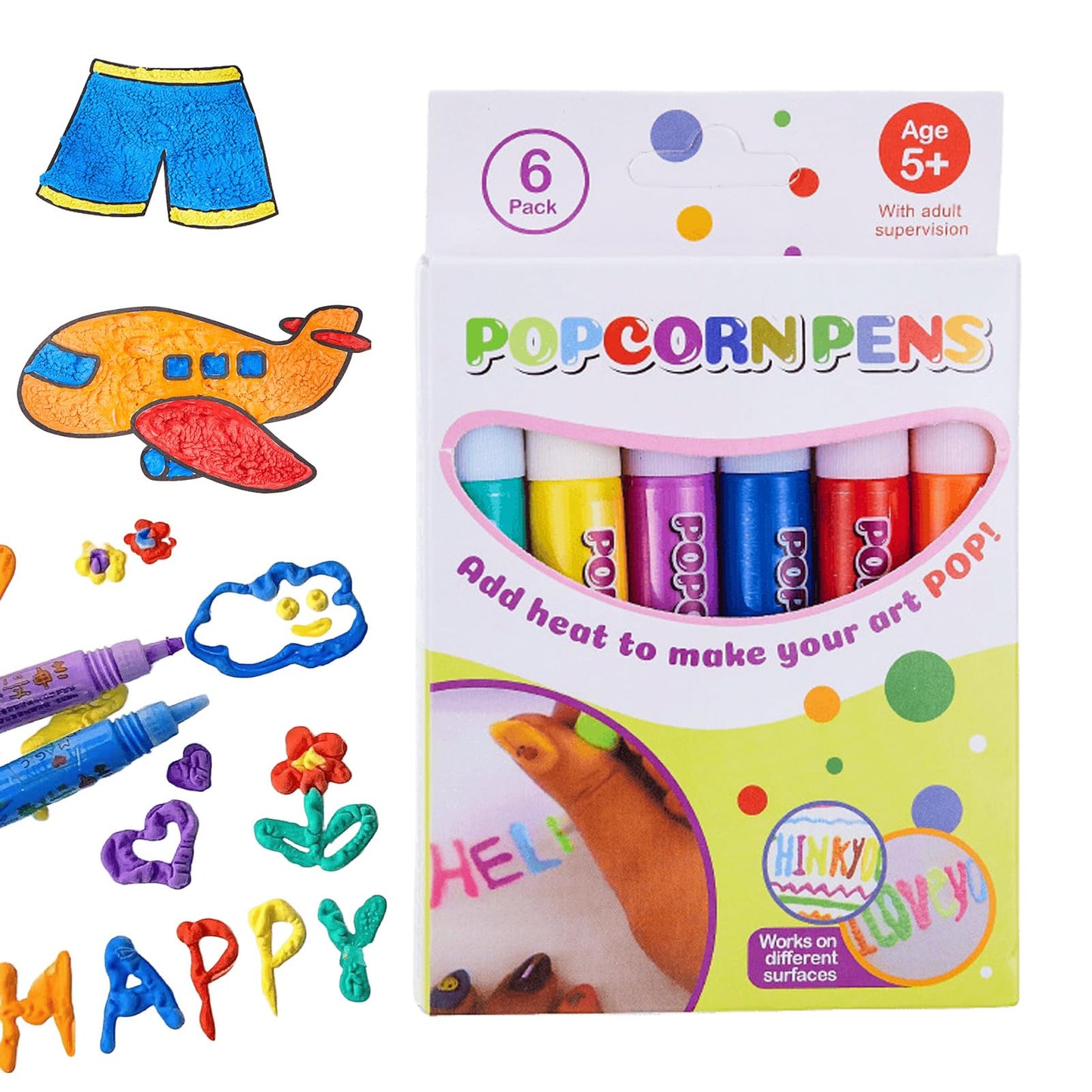 DIY Bubble Popcorn Drawing Pens, Magic Puffy Pens with Puffy Paint, Bubble Pen Popcorn DIY Handmade, Heat Activated Puffy Pens, Magic Popcorn Color Paint Pen, 3D Popcorn Pens (6 PCS)
