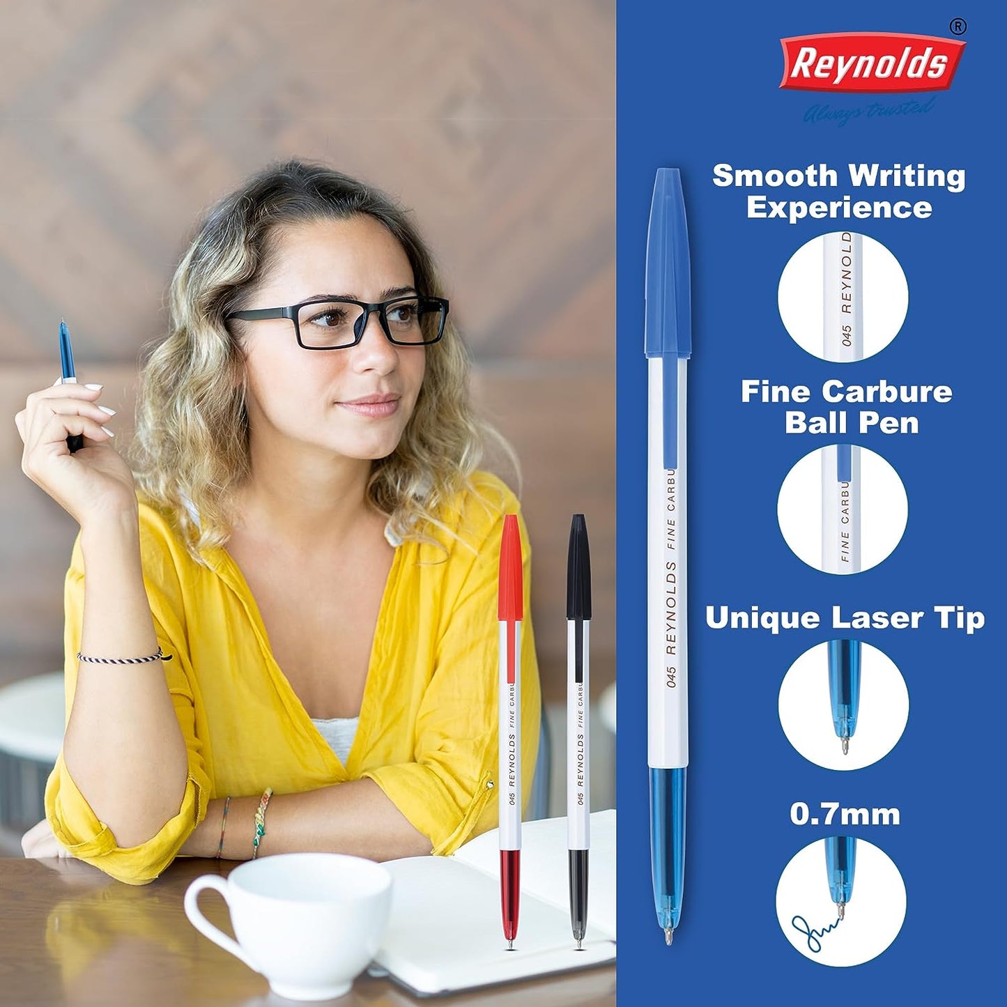 Reynolds 045 - Blue (PACK OF 10) | Ball Point Pen Set With Comfortable Grip | Pens For Writing | School and Office Stationery | Pens For Students | 0.7 mm Tip Size