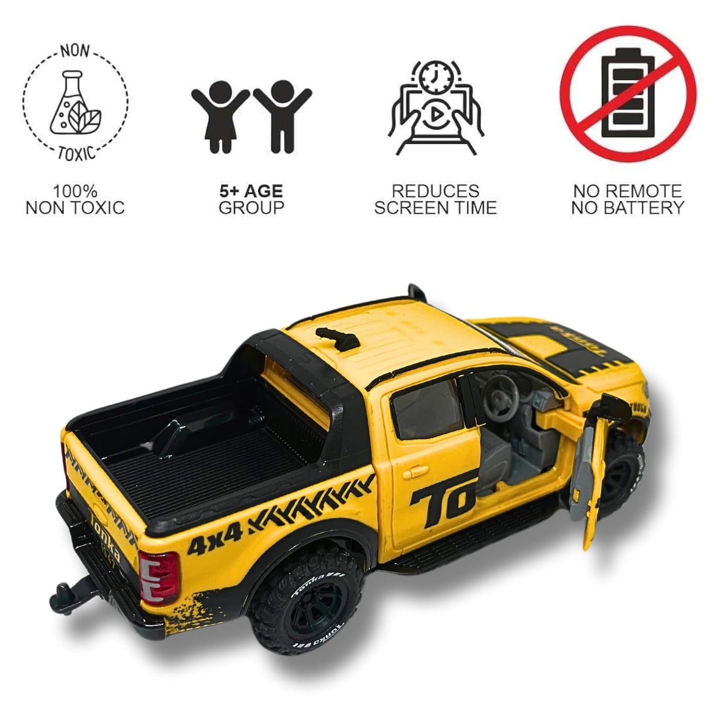 Centy Tonka Dirt Drifter Pull Back Car Toy with Openable Tailgate and Doors for Kids, Boys, Girls