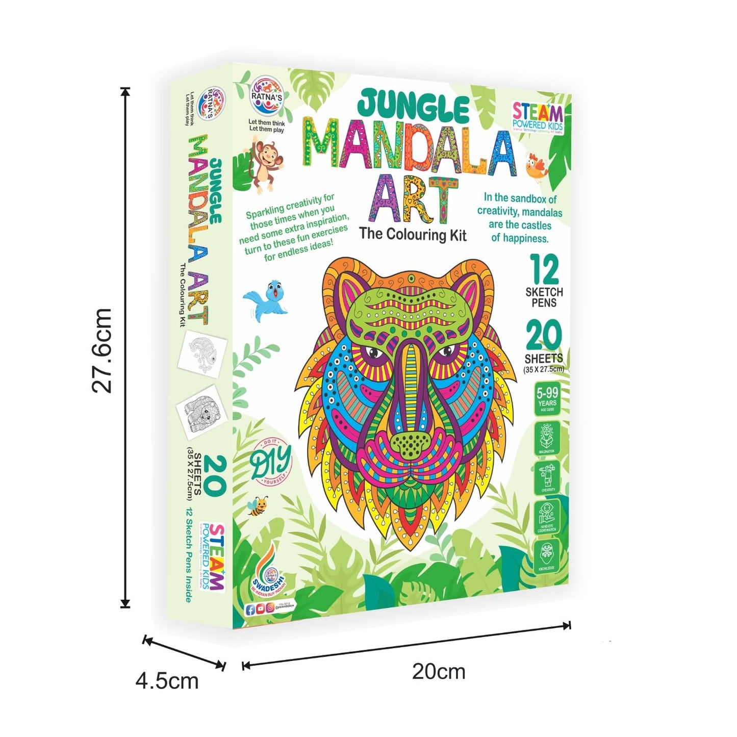 Ratna's Jungle Mandala Art Colouring Kit - 20 Sheets (35 x 27.5 cm) with 12 Sketch Pens Inside - Creative Coloring Fun for All Ages