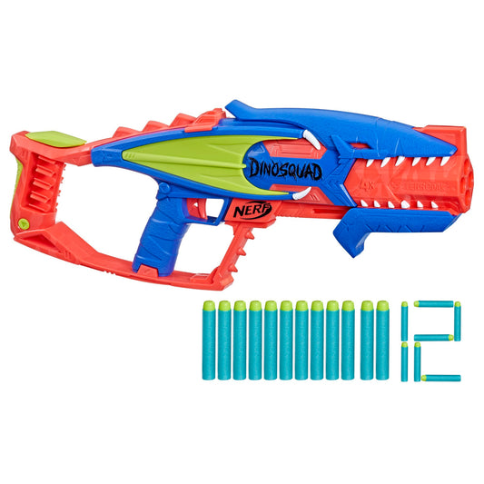 Hasbro Nerf Dinosquad Terrodak 4 Dart Blasting Dart Storage 12 Nerf Elite Darts Dinosaur Design Toy Foam Nerf Blaster for Kids Outdoor Games