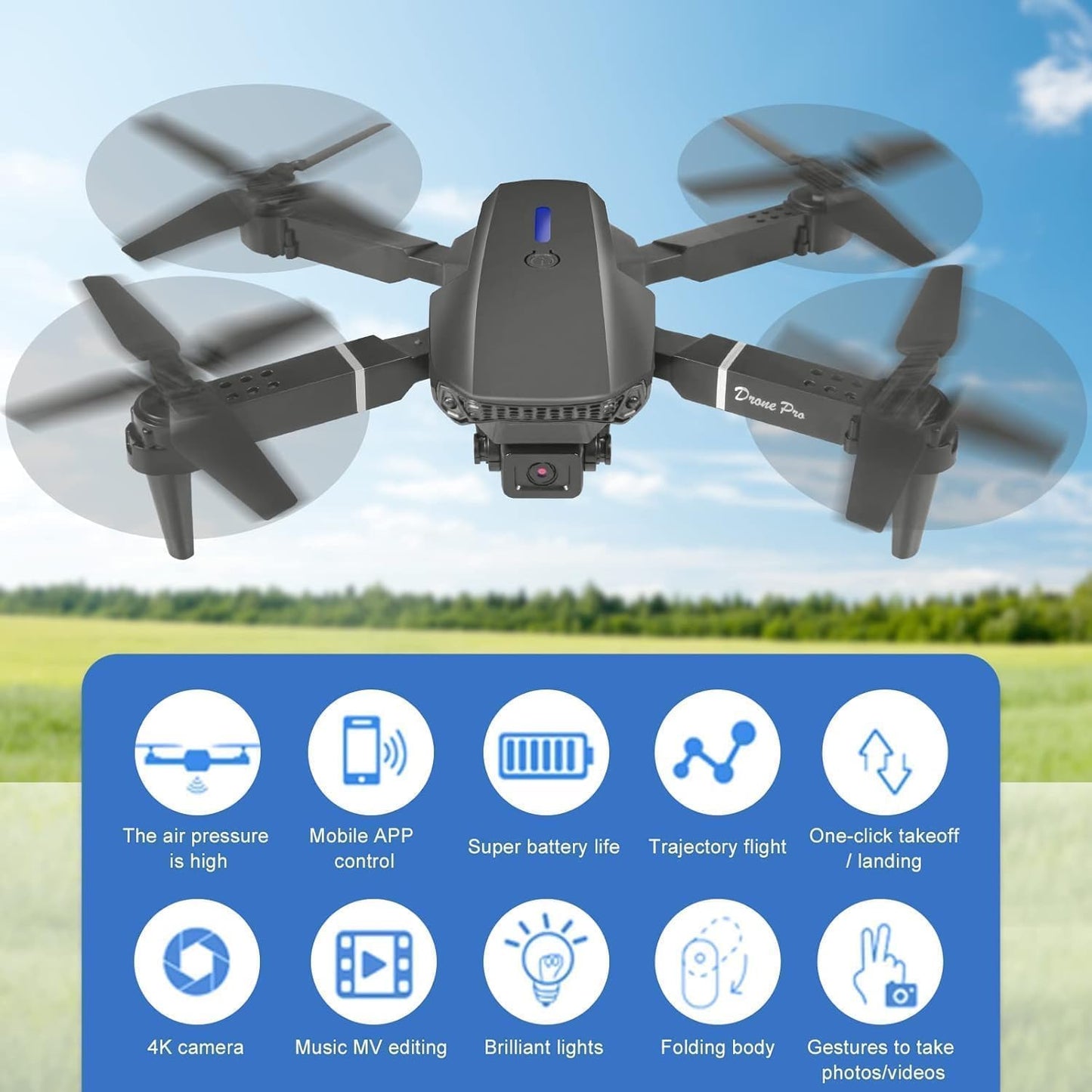 E88 Drone with 1080P Camera 2 Batteries One Key Take Off Land Altitude Hold Automatic Avoidance Obstacles 360° Flip With Aerial Photography Drone (Dual-Battery)