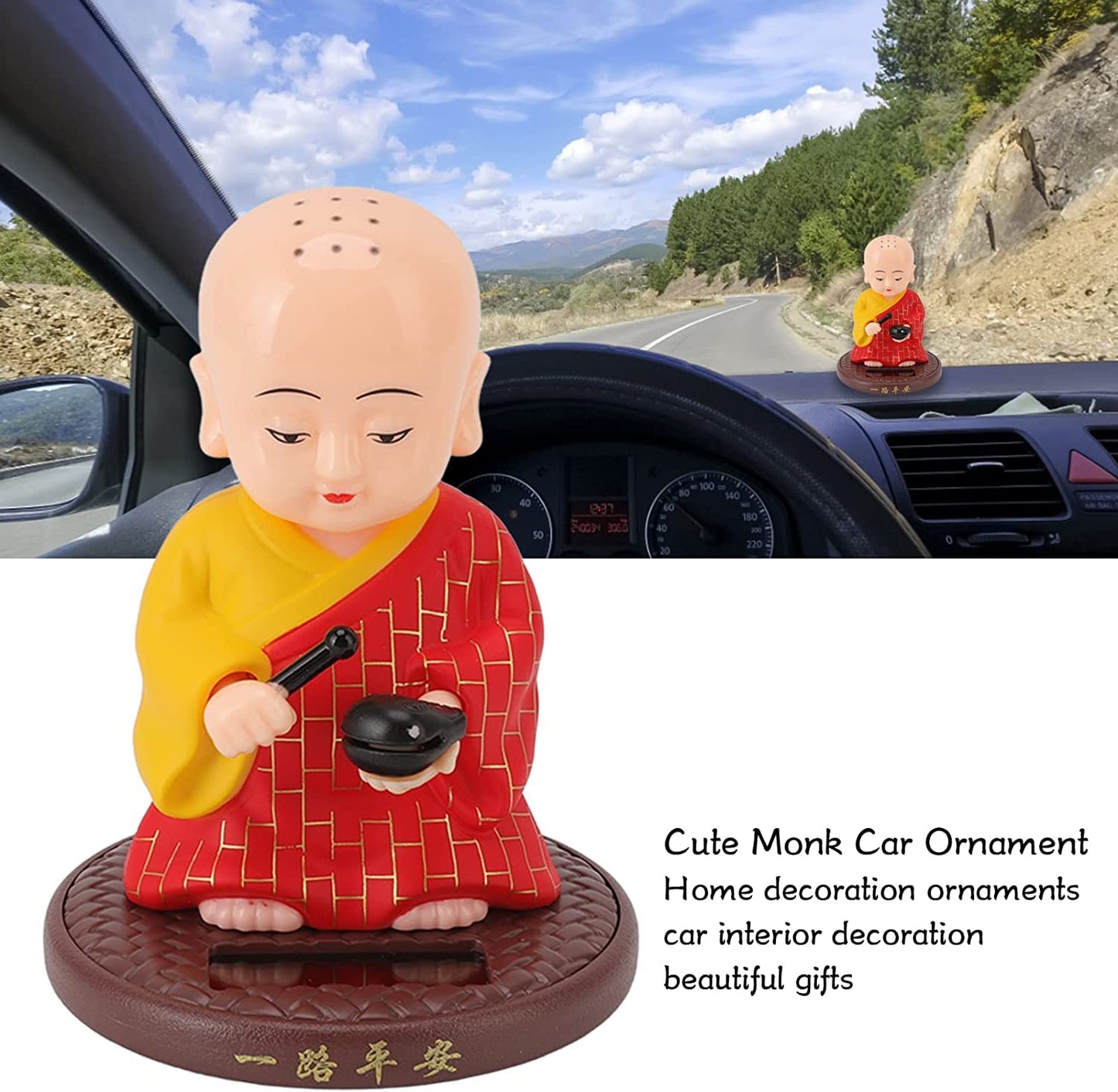 Little Monk Figurine, Solar Chinese Little Buddha Monk Statue, Bring Good Fortune Decoration Ornament, Funny Car Shaking Head Toy, Solar Power Nodding Head Dancing Toy