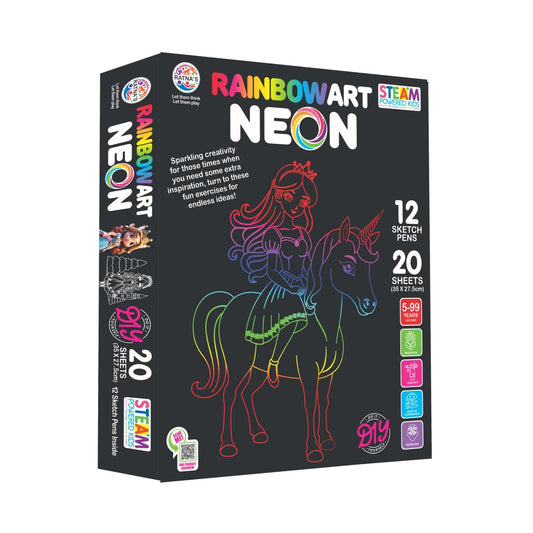 Ratna's RainbowArt Neon Colors Creative Coloring Kit with 20 Sheets and 12 Sketch Pens, 35x27.5cm Sheets - Creative Coloring Fun for All Ages