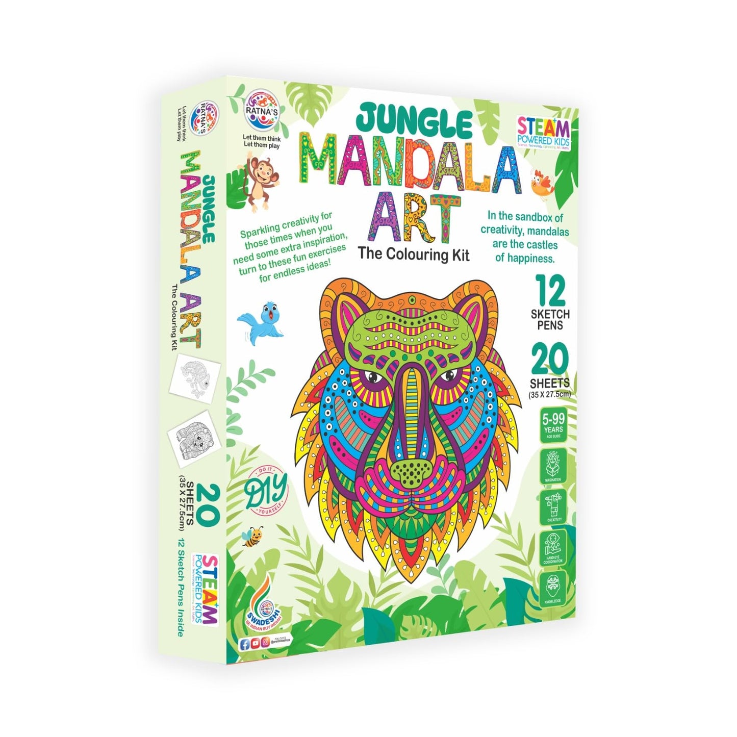 Ratna's Jungle Mandala Art Colouring Kit - 20 Sheets (35 x 27.5 cm) with 12 Sketch Pens Inside - Creative Coloring Fun for All Ages