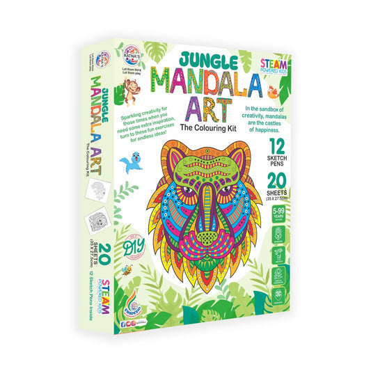 Ratna's Jungle Mandala Art Colouring Kit - 20 Sheets (35 x 27.5 cm) with 12 Sketch Pens Inside - Creative Coloring Fun for All Ages
