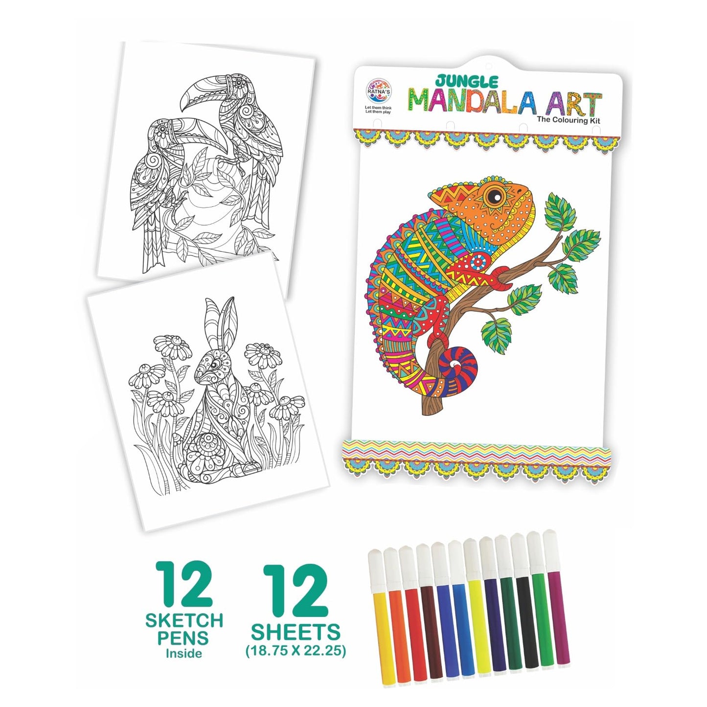 Ratna's Jungle Mandala Art Colouring Kit - 20 Sheets (35 x 27.5 cm) with 12 Sketch Pens Inside - Creative Coloring Fun for All Ages
