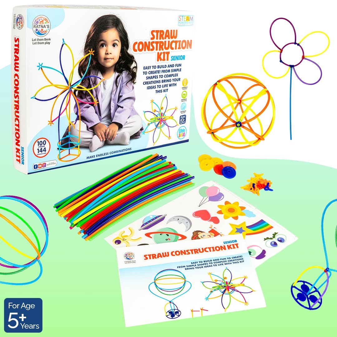 Ratna's Straw Construction Kit Senior with 100 Straws and 144 Connectors to Connect, Construct & Create Shapes, Objects Toys