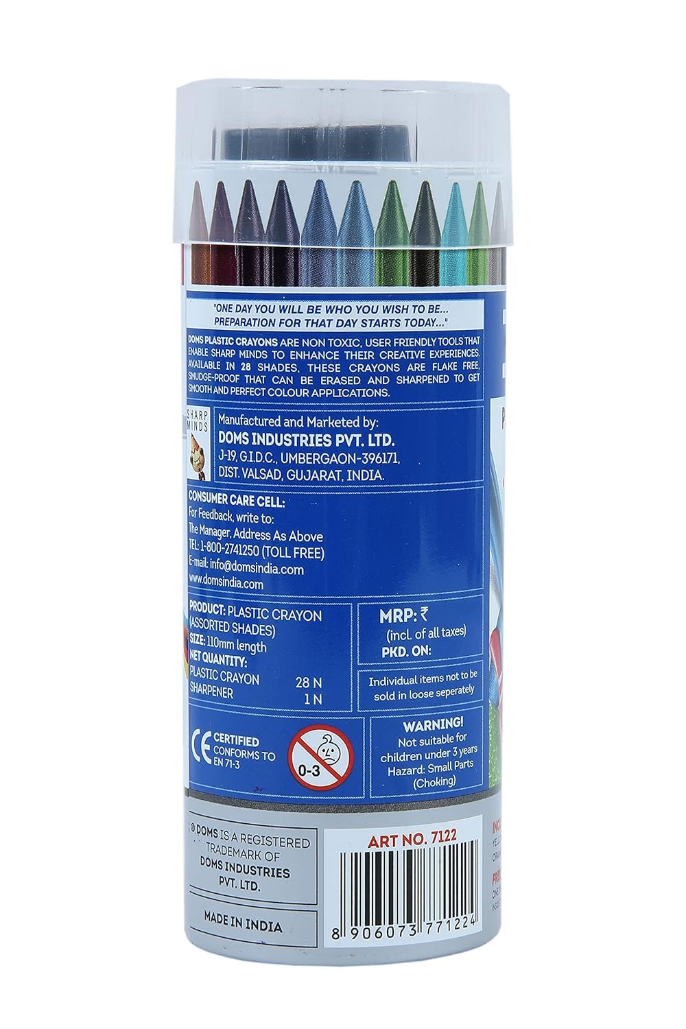 Doms 28 Shades Erasable Plastic Crayons Round Tin Box | Smooth & Even Shading | Bright & Playful Colors | Free Sharpner Inside | Non-Toxic & Safe For Childrens