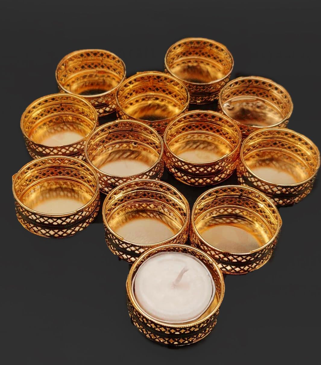 Rose Gold 12 Pcs Metal Tealight Candle Holder Round Stands for Pooja thali, Diwali Rangoli puja Room Decor, Events, Home, Living, Office Table, Diwali Decoration Indoor Outdoor Events