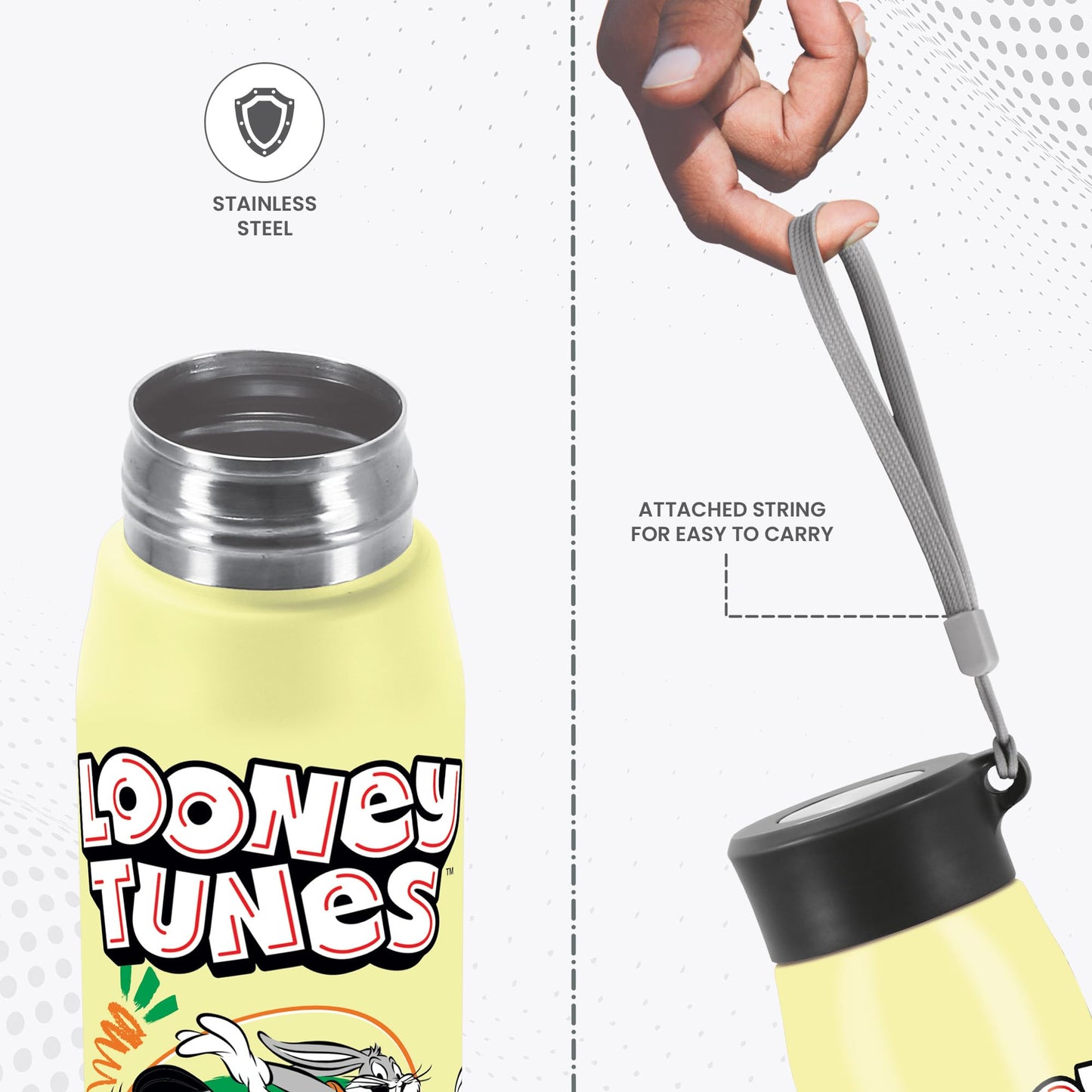 Milton Handy Design 650 Stainless Steel Water Bottle, 690 ml, (Loony Tunes - Bunny)| Single walled | Leak Proof | Easy Grip | Easy to Carry | Home | Kitchen