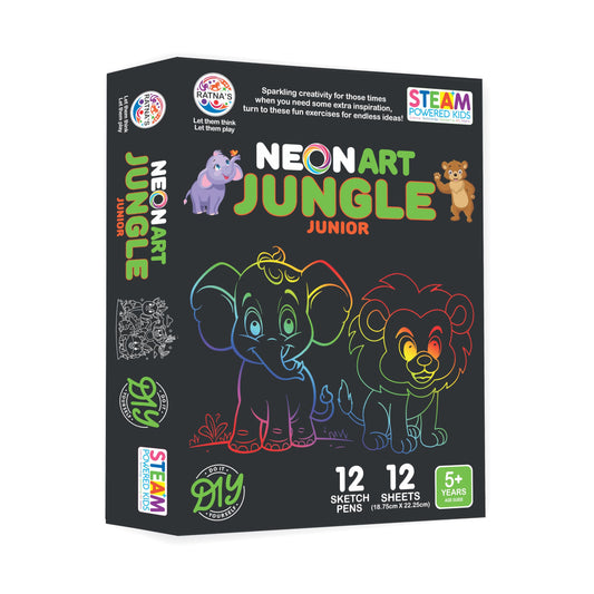 Ratna's Neon Art Jungle Junior Creative Coloring Kit with 12 Sheets (18.75 X 22.25 cm) and 12 Sketch Pens - Creative Coloring Fun for All Ages