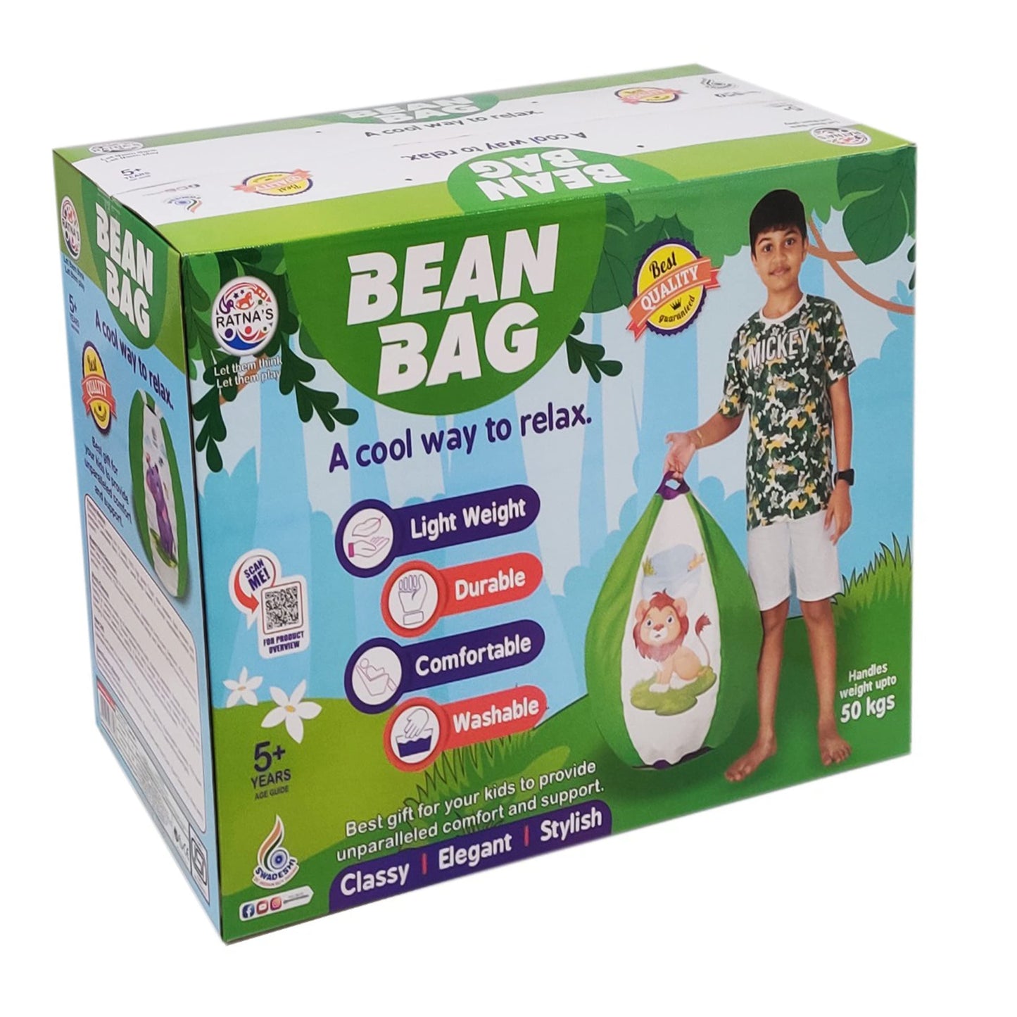 Ratna's Jungle Bean Bag Light Weight, Durable, Washable Chair for Kids | Medium Size Zipper Beanbag Extra Soft Cover | A Cool Way to Relax for Kids