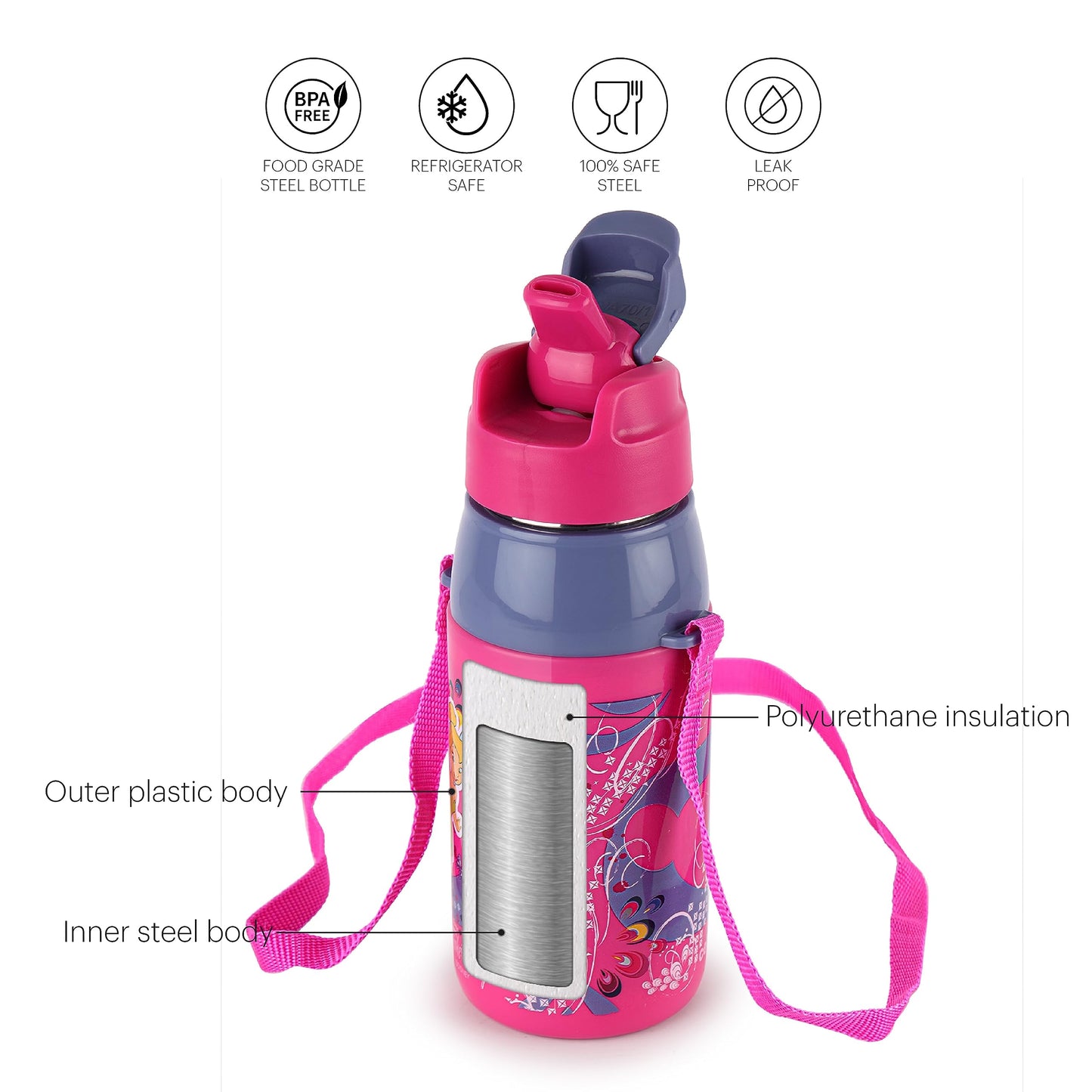 CELLO Puro Steel-X Hydra Kid 400 Water Bottle | PU Insulation | School Bottle | Picnic Bottle | Cold Insulation | Leak Proof | Kids Bottle | Easy to Carry | Tinker Bell | 400ml | Pink