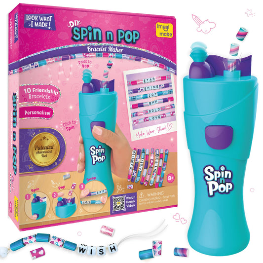 Imagimake Spin n Pop DIY Bracelet Making Kit Electric Bracelet Maker for Kids 8-12 Create 10 Unique Bracelets with Shiny Foil Beads, Alphabet Beads & Clasps for Girls & Teens