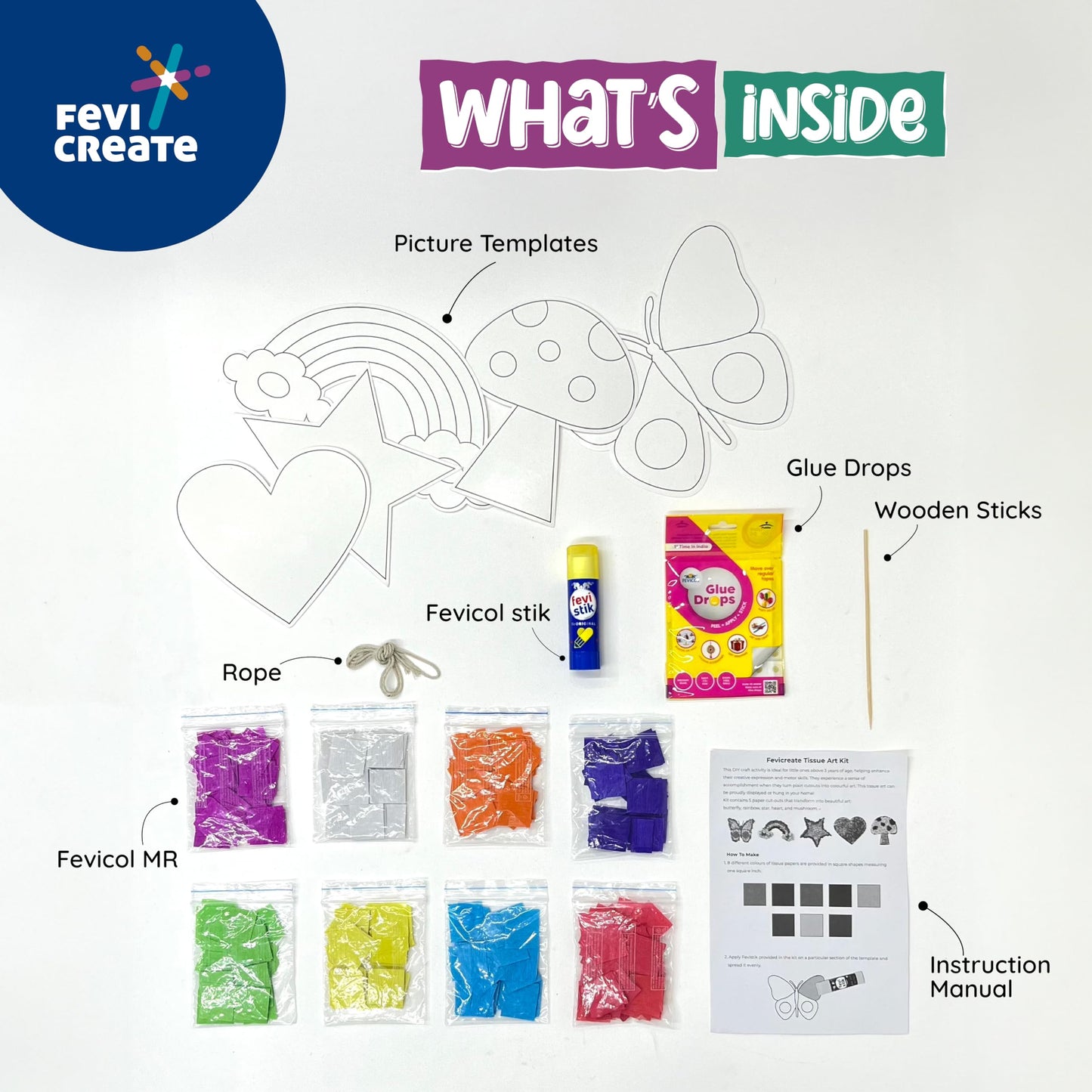 Pidilite Fevicreate Tissue Art Kit, 5 Exciting Templates, Easy to Do for Kids 5+ Yrs, Art & Craft, Do It Yourself Kit
