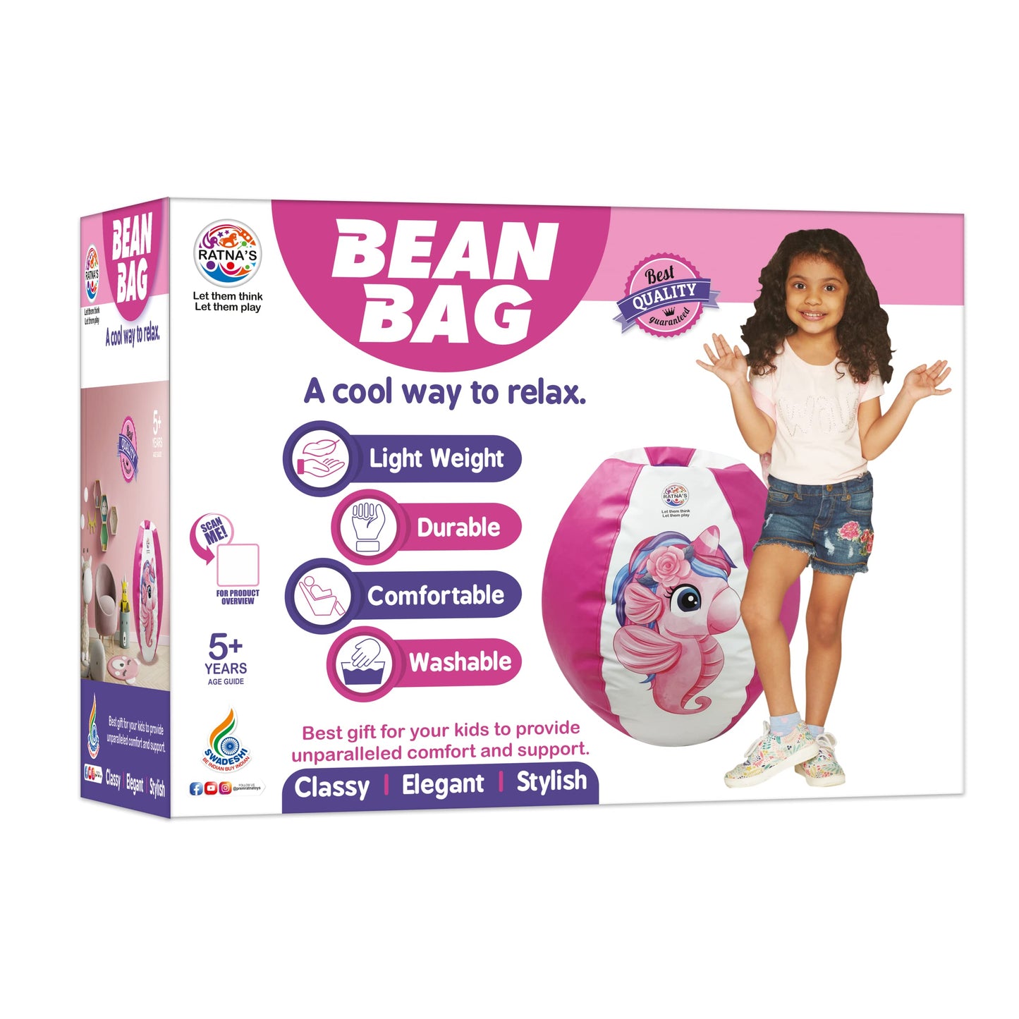 Ratna's Unicorn Bean Bag Light Weight, Durable, Washable Chair for Kids | Medium Size Zipper Beanbag Extra Soft Cover | A Cool Way to Relax for Kids