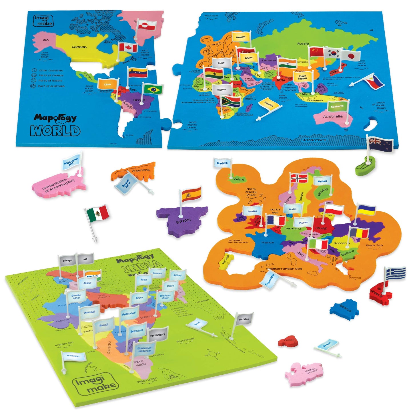 Imagimake: Mapology India and World Maps with Capitals - Learn Capitals and Country Flags - Educational Toy for Kids