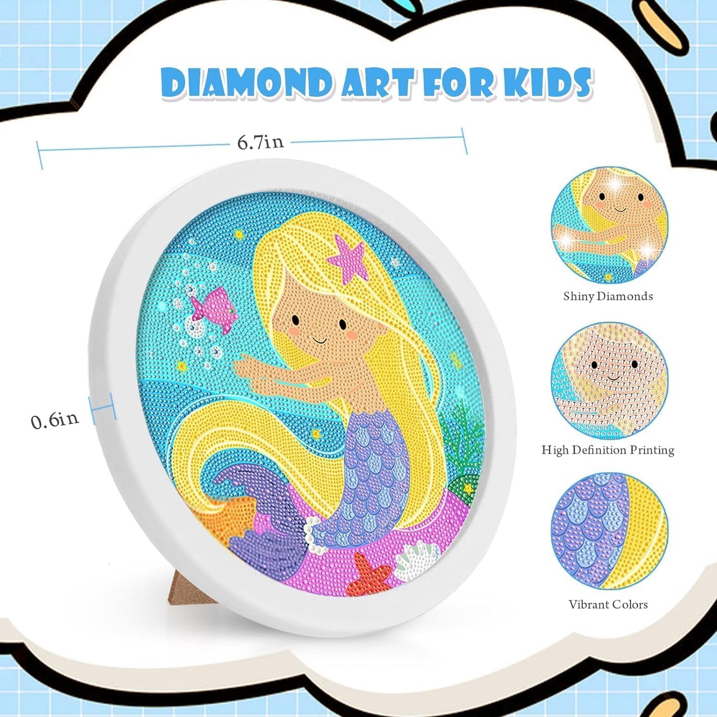DIY 5D Diamond Painting Kit for Kids Rainbow Mermaid Diamond Art Supplies Arts and Crafts Painting with Frame & Tool Mermaid Diamond Painting Art Kits for Children DIY Desk Decor