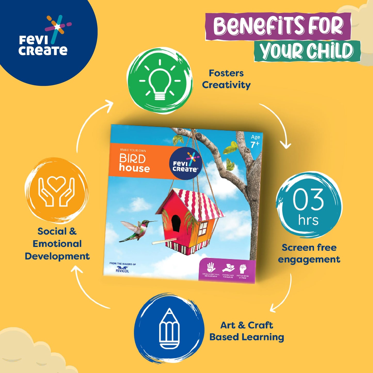 Pidilite Fevicreate Make Your Own Birdhouse art and craft kit learn birdlife in a fun way All art materials provided white acrylic colour and instruction manual Fevicol Craft bird homes Birthday gift for girls and boys 7+ years