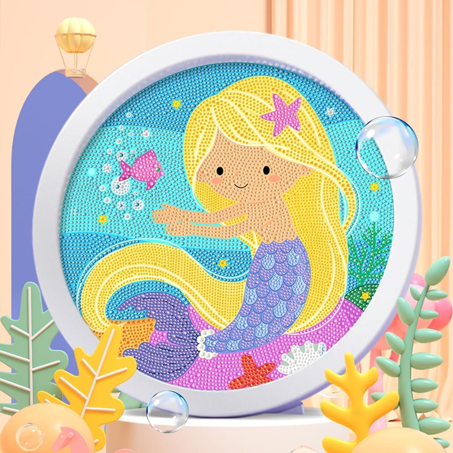 DIY 5D Diamond Painting Kit for Kids Rainbow Mermaid Diamond Art Supplies Arts and Crafts Painting with Frame & Tool Mermaid Diamond Painting Art Kits for Children DIY Desk Decor