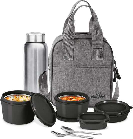 Milton Savor Lunch Tiffin (3 Microwave Safe Inner Steel Containers, 180/320/450 ml; 1 Plastic Chutney Dabba,100ml; 1 Aqua Steel Bottle, 750ml, Steel Spoon and Fork) With Insulated Fabric Jacket - Black
