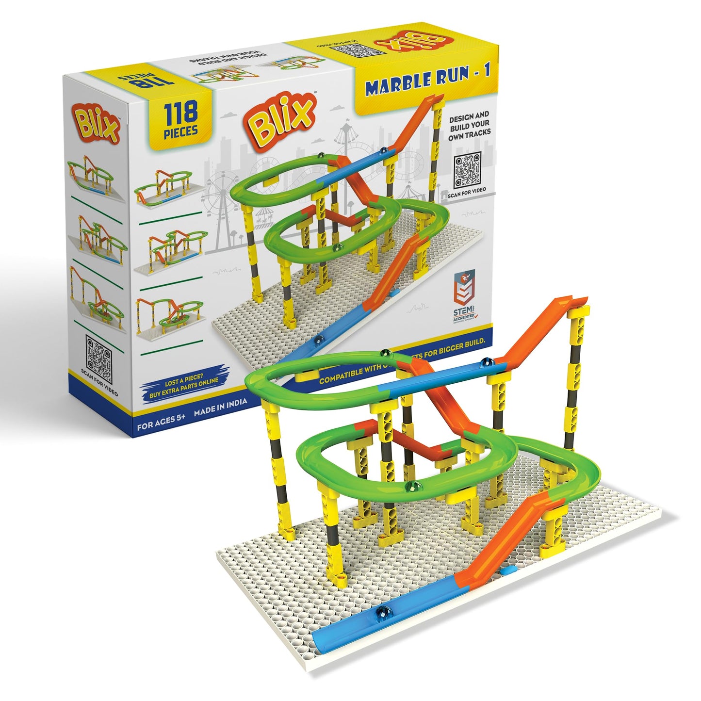 Blix Marble Run - 1, 118 Piece Construction Set, Design and Build Your Own Tracks, Marble Run Toys for Kids, Compatible with Other Brick Brands, Ages 5+, Made in India