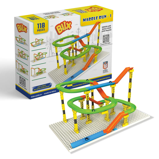 Blix Marble Run - 1, 118 Piece Construction Set, Design and Build Your Own Tracks, Marble Run Toys for Kids, Compatible with Other Brick Brands, Ages 5+, Made in India