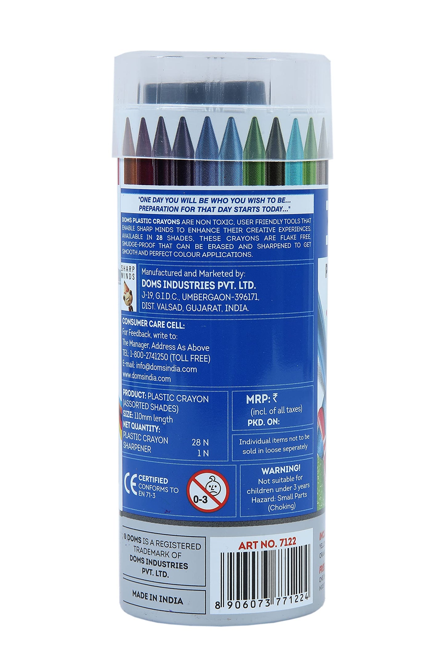 Doms 28 Shades Erasable Plastic Crayons Round Tin Box | Smooth & Even Shading | Bright & Playful Colors | Free Sharpner Inside | Non-Toxic & Safe For Childrens