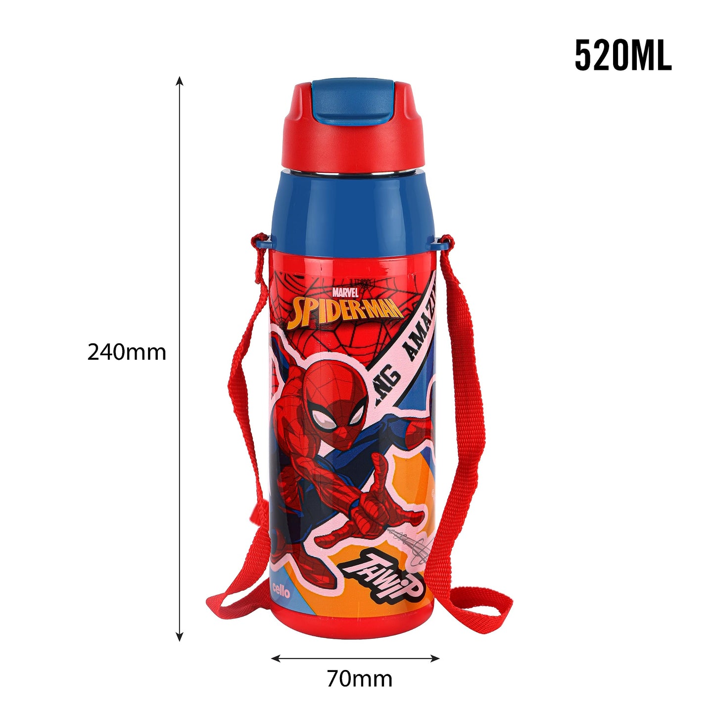 CELLO Puro Steel-X Hydra Kid 600 Water Bottle | PU Insulation | School Bottle | Picnic Bottle | Cold Insulation | Leak Proof | Kids Bottle | Easy to Carry | Spiderman Print | 520ml | Red
