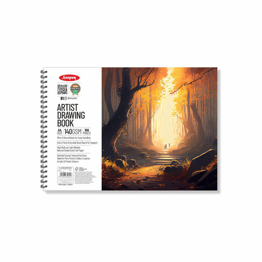 Anupam Artist Drawing Book for Sketching with Cartridge Paper for Sketching Wiro Binding 140GSM 50 Sheets, 100 Pages for Artists, Kids & Professionals for Marker Colored Pencil Charcoal Pastels (A4 Size)