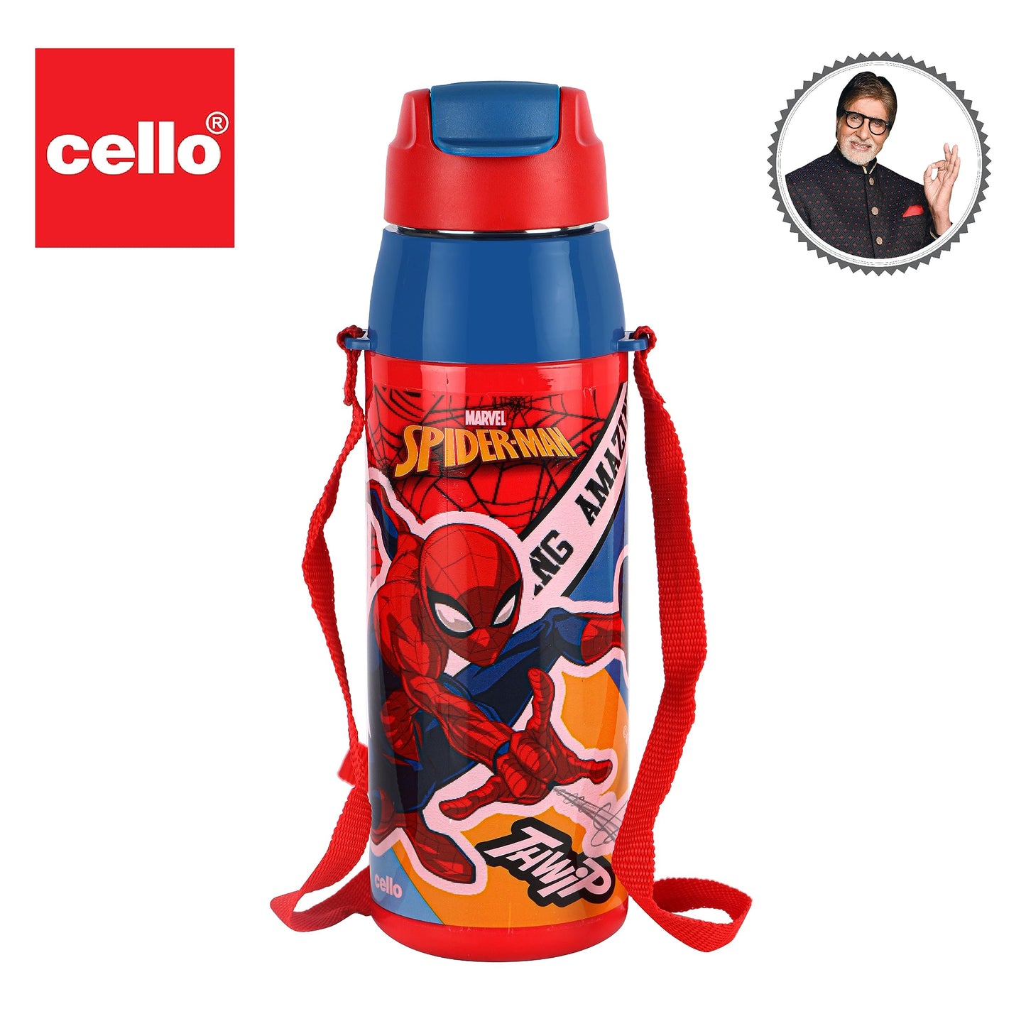 CELLO Puro Steel-X Hydra Kid 600 Water Bottle | PU Insulation | School Bottle | Picnic Bottle | Cold Insulation | Leak Proof | Kids Bottle | Easy to Carry | Spiderman Print | 520ml | Red