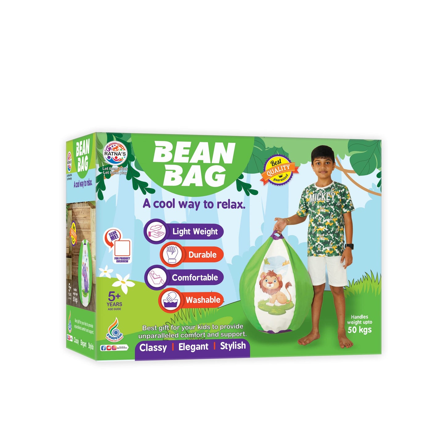 Ratna's Jungle Bean Bag Light Weight, Durable, Washable Chair for Kids | Medium Size Zipper Beanbag Extra Soft Cover | A Cool Way to Relax for Kids