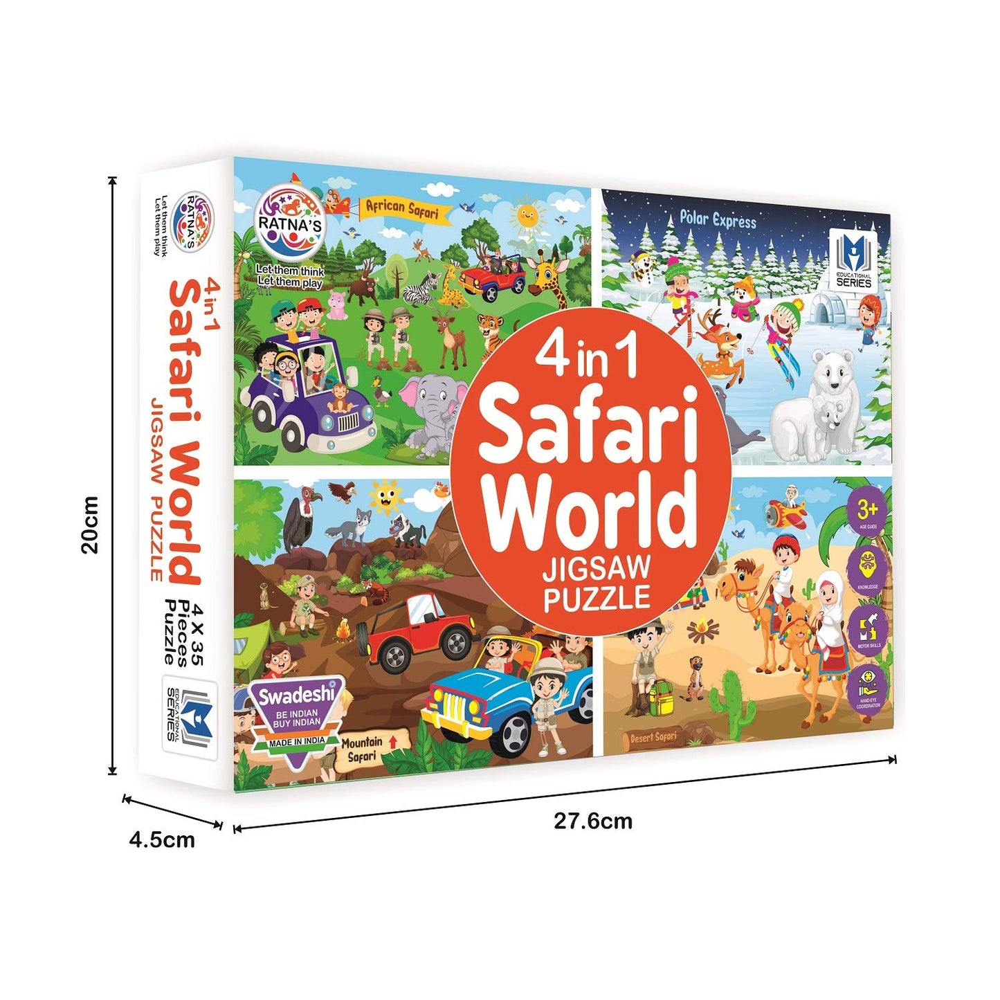 Ratna's 4 in 1 Safari World Jigsaw Puzzle for Kids. 4 Puzzles with 35 Pieces Each (African Safari, Polar Express, Mountain Safari & Desert Safari)