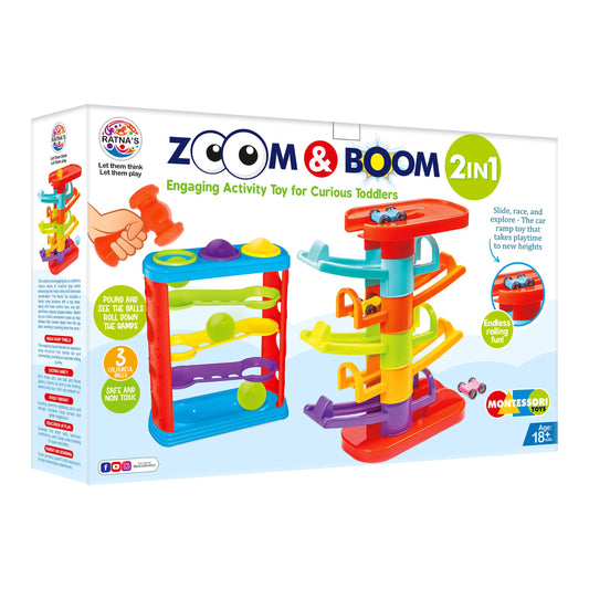 Ratna's Zoom & Boom 2-in-1 Montessori Activity Toy Set Containing Hammer Ball & Racing Tower Track with Stack Toy