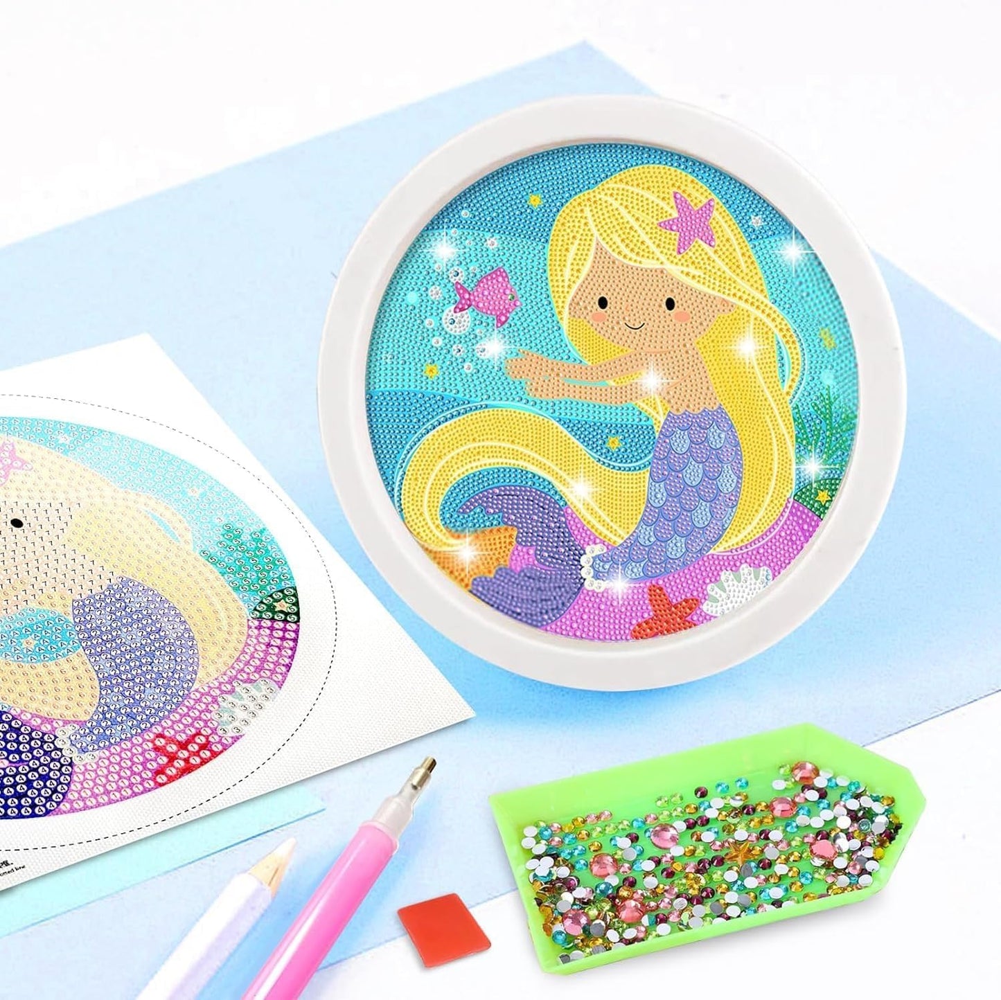 DIY 5D Diamond Painting Kit for Kids Rainbow Mermaid Diamond Art Supplies Arts and Crafts Painting with Frame & Tool Mermaid Diamond Painting Art Kits for Children DIY Desk Decor