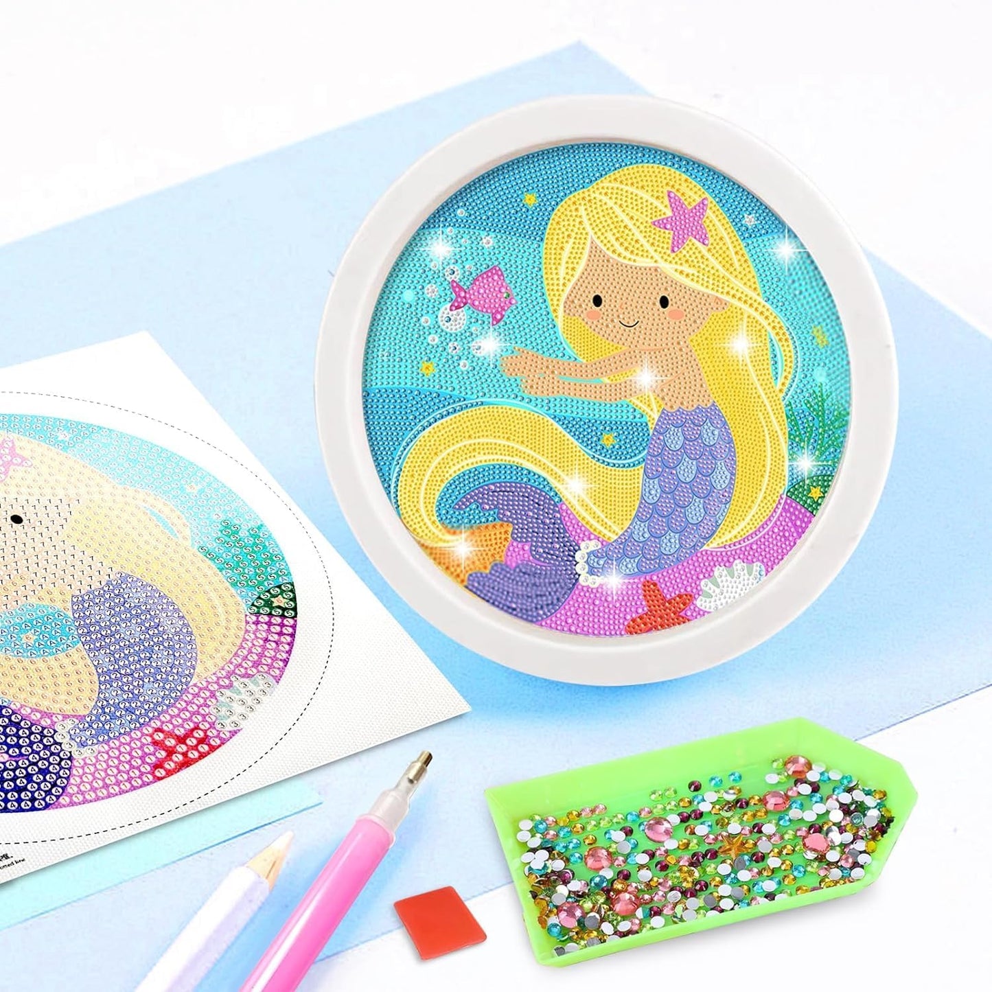DIY 5D Diamond Painting Kit for Kids Rainbow Mermaid Diamond Art Supplies Arts and Crafts Painting with Frame & Tool Mermaid Diamond Painting Art Kits for Children DIY Desk Decor