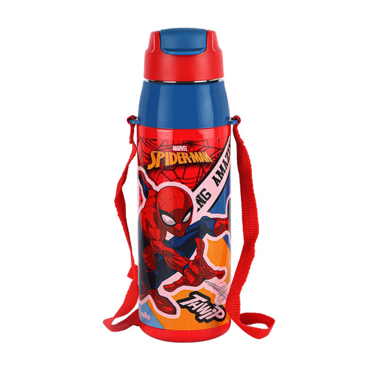 CELLO Puro Steel-X Hydra Kid 600 Water Bottle | PU Insulation | School Bottle | Picnic Bottle | Cold Insulation | Leak Proof | Kids Bottle | Easy to Carry | Spiderman Print | 520ml | Red