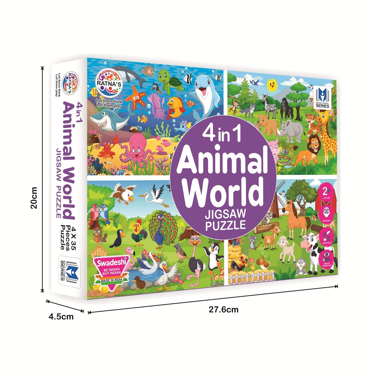 Ratna's 4 In 1 Animal World Jigsaw Puzzle Set-35 Pieces Each,Multicolor (Wild Animals,Farm Animals,Sea Animals,&Birds)|Educational Toy For Kids|Cognitive Development|Hand-Eye Coordination