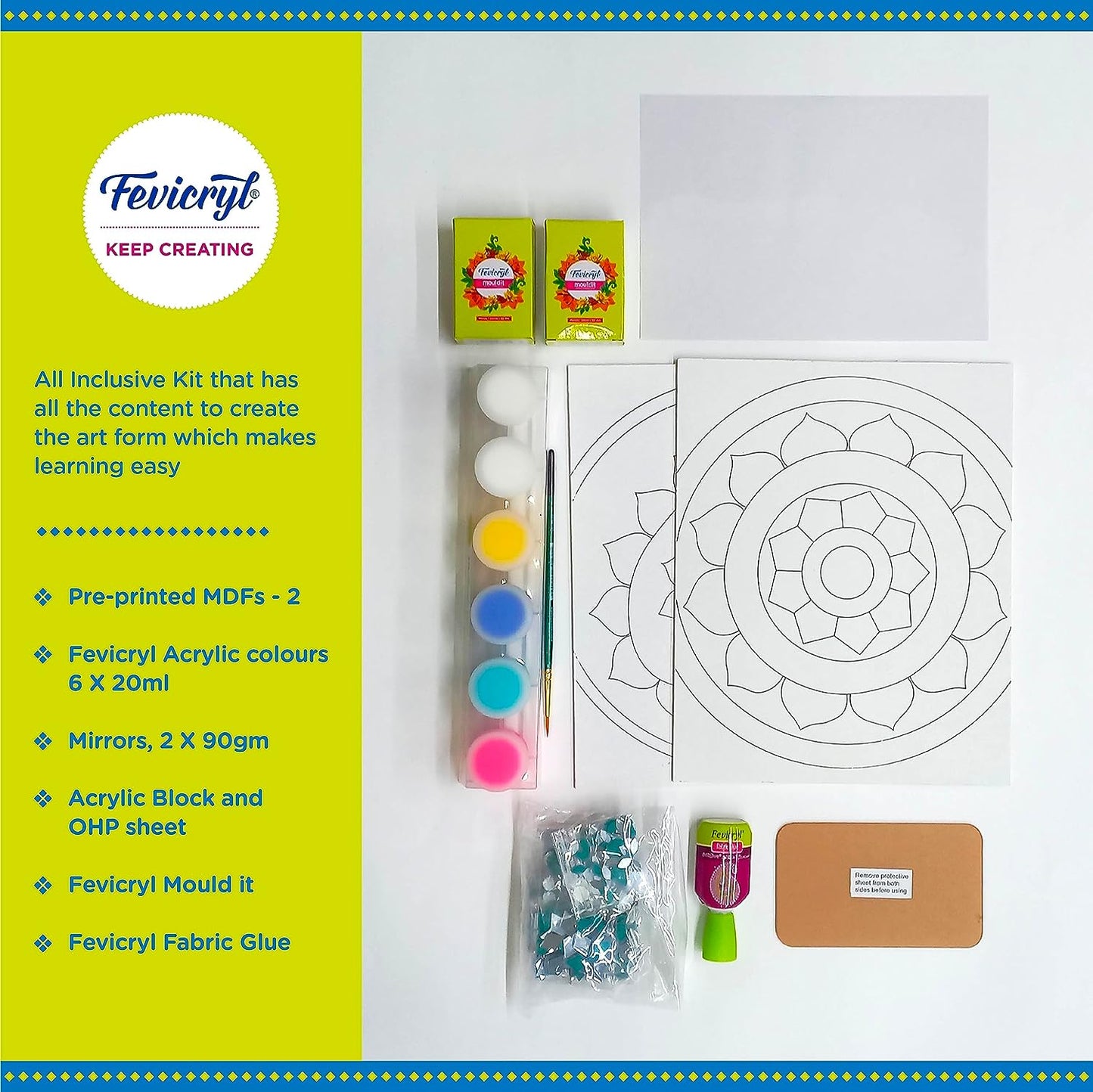 Pidilite Fevicryl Lippan Art Kit: Complete DIY Set, Includes Wooden Boards, Acrylic Paints, Mirror Packets, Brushes, OHP Sheets, Mouldit, and Glue! Ideal for hobbyists