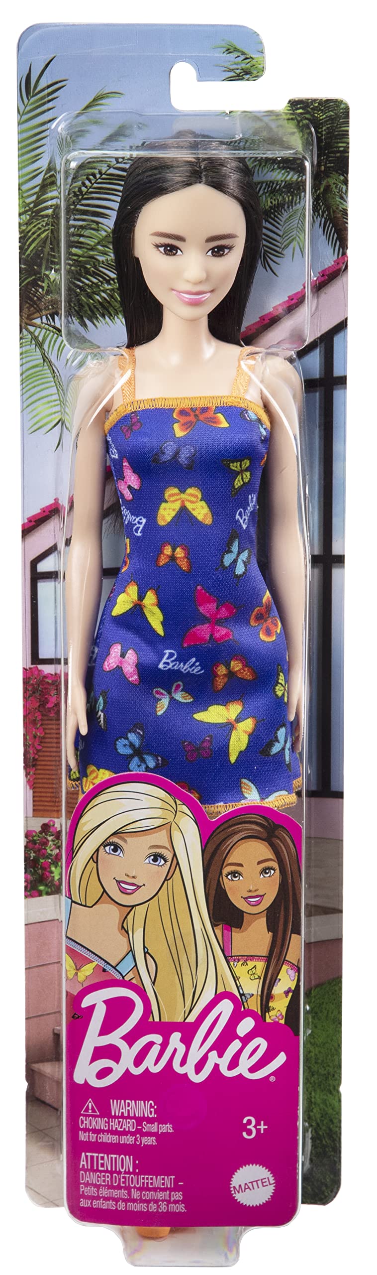 Barbie Doll (11.5 inches) with Colorful Butterfly Logo Print Blue Dress & Strappy Heels, Great Gift for Ages 3 Years Old & Up