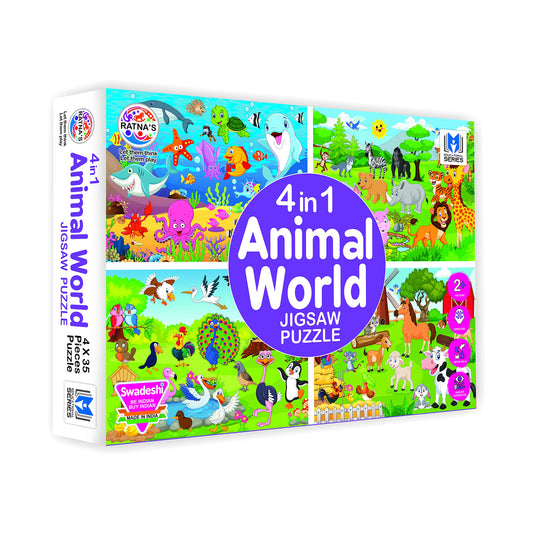 Ratna's 4 In 1 Animal World Jigsaw Puzzle Set-35 Pieces Each,Multicolor (Wild Animals,Farm Animals,Sea Animals,&Birds)|Educational Toy For Kids|Cognitive Development|Hand-Eye Coordination
