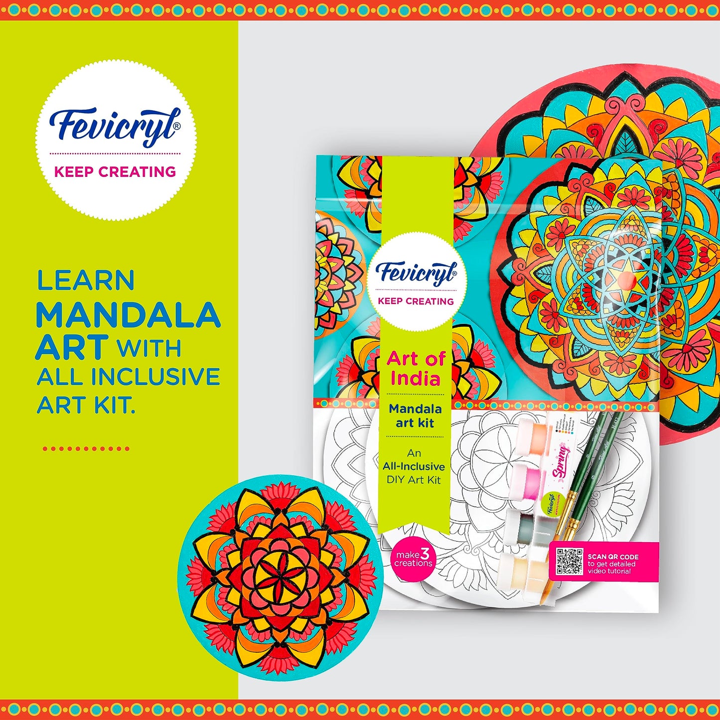 Pidilite Fevicryl Mandala Art Kit, Includes Pre-Printed Circular Wooden MDF Board, Acrylic Paints, Brushes, Art & Craft for Artists, Students, Children, Gift for hobbyists